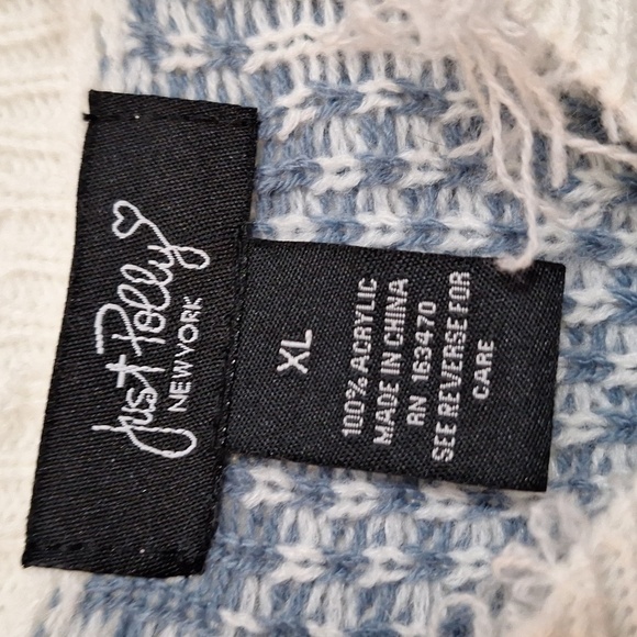 NWOT JUST POLLY New York plaid BLUE WHITE frayed pullover sweater XLG - Picture 3 of 13